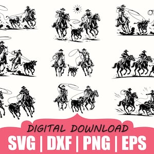 May include: A collection of nine black and white graphic illustrations depicting cowboys on horseback roping cattle. The images show various action scenes of riders with lassos and bulls in motion. Text at the bottom reads DIGITAL DOWNLOAD SVG | DXF | PNG | EPS.