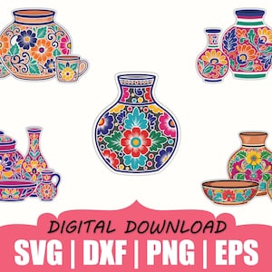 May include: A collection of colorful, floral-patterned pottery designs, including vases, bowls, and a mug. The designs feature vibrant flowers in shades of orange, blue, pink, and yellow. The text "DIGITAL DOWNLOAD" and file type abbreviations are displayed at the bottom.