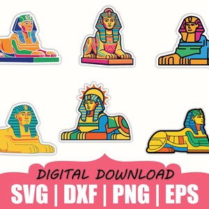 May include: A collection of six colorful Sphinx illustrations in various poses. Each Sphinx features a stylized design with vibrant hues of yellow, blue, orange, and green. The image includes the text "DIGITAL DOWNLOAD" and file type abbreviations.