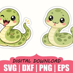 Könnte beinhalten: Zwei grüne Schlangenillustrationen mit dunkelgrünen Flecken, großen schwarzen Augen und rosa Wangen. Eine Schlange zwinkert mit herausgestreckter Zunge, die andere hat den Mund geschlossen. Darunter steht DIGITAL DOWNLOAD SVG | DXF | PNG | EPS.