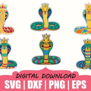 May include: Six vibrant cobra illustrations, each adorned with a golden crown. The snakes display diverse patterns in red, green, blue, and yellow. The image includes the text "DIGITAL DOWNLOAD" and file type abbreviations.