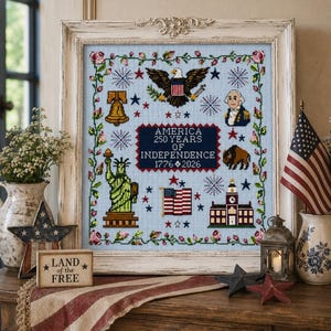 America 250th Anniversary, Cross-Stitch Pattern, Patriotic Sampler, USA, Semiquincentennial, 1776-2026, PDF Chart