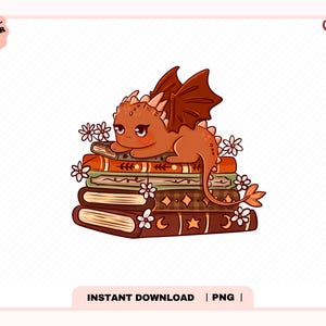 May include: A digital illustration of a small orange dragon resting on a stack of four books. The books feature various patterns including stars, moons, and lines. Small white flowers are scattered around the dragon and the book stack.