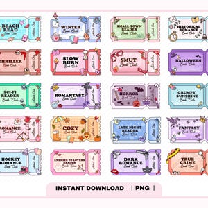 May include: A collection of twenty-nine rectangular ticket-shaped digital stickers featuring various book club themes. Each ticket displays unique illustrations, colors, and text labels such as Beach Read, Thriller, Romantasy, Horror, and True Crime.