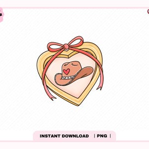 May include: A digital illustration of a heart-shaped design with a cowboy hat inside. The hat is brown with a pink heart on it. A pink ribbon is tied around the heart. The text "INSTANT DOWNLOAD | PNG" is at the bottom.