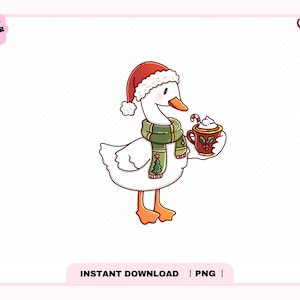 May include: A white goose illustration wearing a red Santa hat with white trim and a green scarf featuring a small Christmas tree pattern. The goose holds a red mug filled with a white beverage, topped with whipped cream and a candy cane.