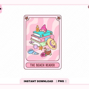 Può includere: Illustrazione rosa e bianca di una scena sulla spiaggia. Una pila di libri è sormontata da una persona con un cappello rosa. Sono inclusi anche una bottiglia di crema solare, un cappello di paglia, conchiglie e una noce di cocco. Il testo "THE BEACH READER" è in basso.