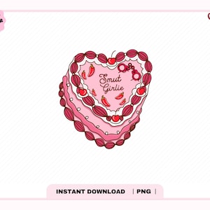 May include: A pink heart-shaped cake with the words "Smut Girlie" in the center. The cake is decorated with cherries, chili peppers, and a pair of handcuffs. The image has the text "Original Designer" and "Cherry" with cherries.