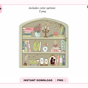 May include: A digital illustration of a three-shelf bookcase containing books, a vase with pink flowers, a candelabra with three lit candles, a perfume bottle, a teacup, a quill in an inkwell, and a framed silhouette portrait of two people.