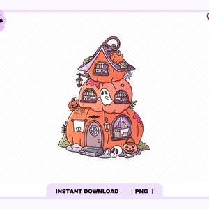 May include: A digital illustration of a three-story house shaped like stacked orange pumpkins. The house features arched windows with bookshelves, a central door, a white ghost, a small jack-o'-lantern, a skull, spiderwebs, and bats.