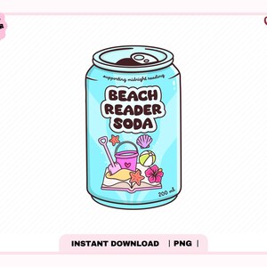 May include: A light blue soda can with the text "BEACH READER SODA" and beach-themed illustrations. The can features a shovel, bucket, starfish, seashell, and a beach ball. The can is labeled "200 ml".