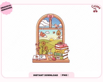 May include: A digital illustration of a window scene with a stack of books, a drink, and a strawberry. The window reveals a sunny landscape with butterflies, a bird, and a beehive. The text "INSTANT DOWNLOAD | PNG" is at the bottom.