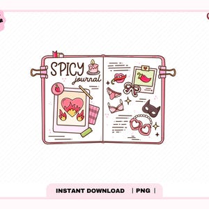 Może przedstawiać: Otwarty dziennik z różowymi okładkami z napisem "SPICY journal" na lewej stronie. Strony są ozdobione ilustracjami płonącego serca, świecy, papryczki chili, bielizny, maski oraz kajdanek w kształcie serc w kolorach różowym i czerwonym.