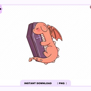 Puede incluir: Una ilustración digital de un dragón color melocotón con alas pequeñas durmiendo mientras abraza un ataúd de color morado oscuro. El ataúd presenta un diseño de cruz simple en la tapa. La imagen incluye el texto Original Designer y Cherry con un icono de cereza.