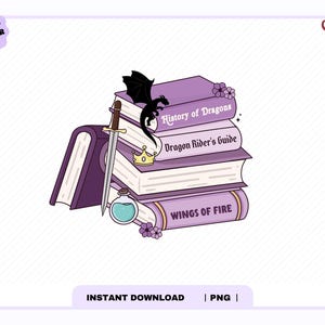 Puede incluir: Ilustración de una pila de libros de fantasía morados con títulos como "History of Dragons" y "Wings of Fire". Un dragón negro, una espada, una corona y una botella de poción también están representados. Las palabras "Original Designer" y "Cherry" también son visibles.