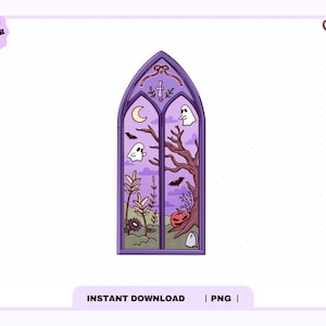 Puede incluir: Una ilustración digital de un marco de ventana gótico puntiagudo en color morado, que contiene una escena con una luna creciente, dos fantasmas blancos, dos murciélagos negros, un árbol desnudo, una calabaza, una pequeña lápida y varias plantas.