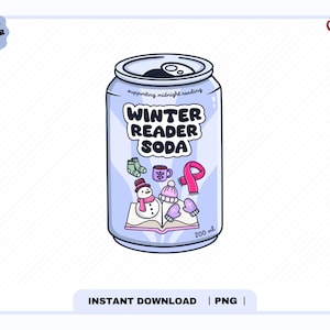 May include: A light blue soda can with the text "WINTER READER SODA" and winter-themed illustrations. The can features a snowman, mittens, a scarf, and a hat. The can is labeled "200 ml".
