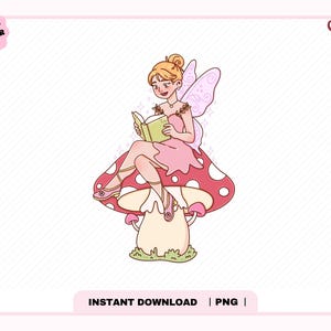 May include: A digital illustration of a fairy with blonde hair in a bun, wearing a pink dress and light purple wings, sitting on a large red mushroom with white spots while reading a green book. The image includes text reading ORIGINAL DESIGNER and CHERRY.