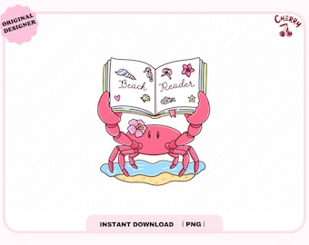 May include: A cartoon illustration of a pink crab holding a book titled "Beach Reader." The book features seashell, seahorse, and fish illustrations. The crab is on a sandy beach with blue water. The image has the text "Instant Download | PNG".