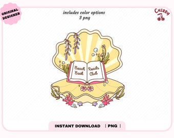 May include: A digital illustration of a seashell with a book that reads "Beach Reads Book Club." The shell is yellow with pink accents, and the book is open with pink pages. The image includes text that says "Original Designer" and "Instant Download | PNG."