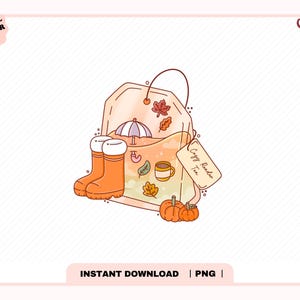 May include: A whimsical illustration of a tea bag with autumn-themed elements. Orange rain boots, pumpkins, and fall leaves are featured. The tea bag has a tag that reads "Cozy Reader Tea". A small umbrella and a mug are also included.