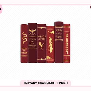 May include: A row of six maroon books with gold lettering and dragon-themed illustrations. The spines feature titles including Tales of the Wyrm, Legend of the Dragon, Wings of Fire, History of Dragons, and Dragonology, with various dragon motifs.