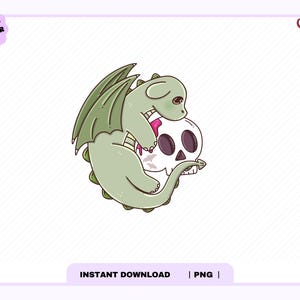 Puede incluir: Una ilustración digital de un dragón verde claro con alas y espinas de color verde oscuro, enroscado alrededor de un cráneo humano blanco. El cráneo presenta cuencas oculares oscuras y un pequeño gráfico de murciélago. El texto "ORIGINAL DESIGNER" y "CHERRY" con un icono de cereza aparecen en las esquinas.