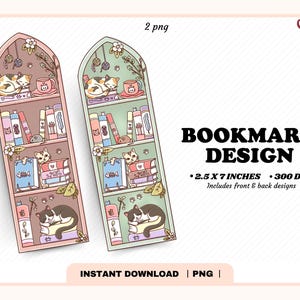 Peut inclure: Deux modèles de marque-pages numériques de 6,35 x 17,78 cm, présentant des étagères arquées remplies de livres, de plantes en pot et de chats. Les illustrations incluent le texte 2 png, BOOKMARK DESIGN, 2.5 X 7 INCHES, 300 DPI et INSTANT DOWNLOAD.