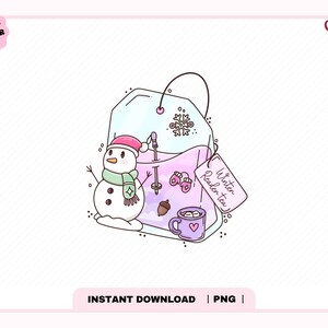 May include: A digital illustration of a tea bag filled with light purple liquid, featuring a snowman wearing a pink hat and green scarf, a snowflake, a pair of pink mittens, an acorn, and a purple mug with a heart. A tag reads Winter Reader tea.
