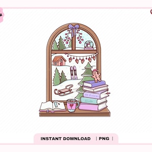 May include: A digital illustration of a window view featuring a snowy landscape with a house, pine trees, a sled, and skis. On the windowsill sits an open book, a mug with a heart, and a stack of books topped with a gingerbread cookie.