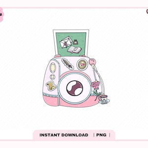 May include: A pink and white illustrated camera with a large lens and decorative stickers. The camera has a screen displaying a letter, inkwell, and book. A rose, teacup, and the text "INSTANT DOWNLOAD | PNG" are also featured.