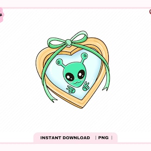 May include: A heart-shaped graphic featuring a green alien with black eyes and a peace sign gesture. The alien is inside a light blue background, framed by a wooden border and a green ribbon. The text "INSTANT DOWNLOAD | PNG" is at the bottom.