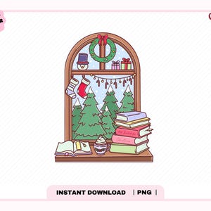 May include: A digital illustration of an arched window featuring a green wreath, a snowman, gifts, and hanging stockings. Outside, snow-covered pine trees are visible. On the windowsill sits an open book, a mug with whipped cream, and a stack of books.