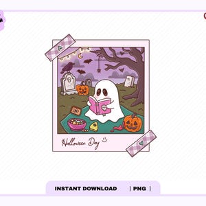 May include: A square polaroid-style illustration featuring a white ghost reading a pink book with a skull icon. The scene includes pumpkins, a bowl of candy, a tombstone, and a raven on a green blanket under a purple sky with bats and string lights. The text reads Halloween Day.