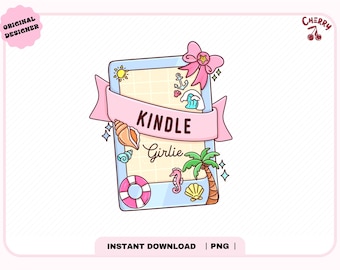 May include: A light blue digital device illustration with a pink ribbon that reads "Kindle Girlie." The design includes beach-themed elements like a seashell, palm tree, and a life preserver. The image has a pink border and the words "Original Designer" and "Cherry" are visible.