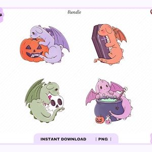Puede incluir: Un paquete digital de cuatro ilustraciones de dragones que incluye un dragón morado claro con una calabaza naranja, un dragón naranja con un ataúd morado, un dragón verde claro con una calavera blanca y un dragón rosa con un caldero morado.