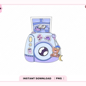 May include: A light purple and blue illustration of a camera with a bed inside. The camera has stickers of a butterfly, a cat, and a heart. A teddy bear wearing a nightcap sits next to a crescent moon. The text "INSTANT DOWNLOAD | PNG" is at the bottom.