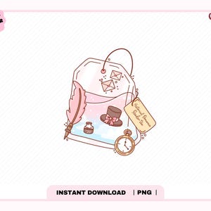 May include: A charming illustration of a tea bag with a tag reading "Historical Romance Reader Tea." Inside the bag are a miniature hat, letters, a quill, and a pocket watch. The design uses soft pastel colours.