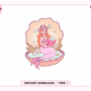 May include: A digital illustration of a mermaid with long orange hair wearing a cow print cowboy hat, sitting inside a large open pink seashell. The mermaid is reading a pink book, surrounded by bubbles, seaweed, a small starfish, and a shell.