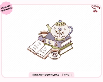 Books and Tea PNG, Cute Trendy Aesthetic Pink Bookish Kindle Girlie Book Lover Reader Png for stickers, Bookmarks, T-shirt, Commercial Use