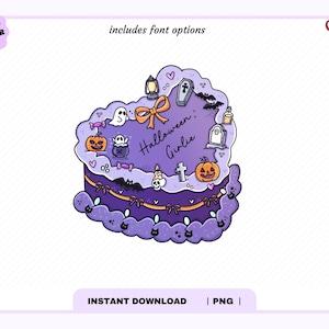 May include: A heart-shaped purple cake illustration featuring the text Halloween Girlie, decorated with a bow, ghosts, pumpkins, a coffin, a tombstone, bats, a skull, a candle, and a lantern, with small black cat icons along the bottom edge.