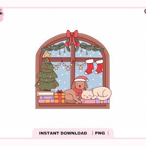 May include: A digital illustration of a brown dog wearing a red Santa hat and scarf, and a cream-colored cat sleeping together on a windowsill. The scene includes a decorated Christmas tree, wrapped gifts, stockings, and a star garland.
