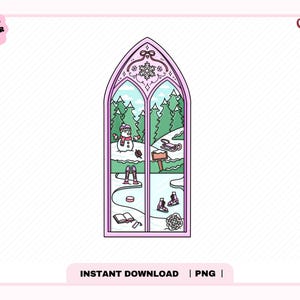 May include: A digital illustration of a pink arched window frame containing a winter scene with a snowman, pine trees, a sled, ice skates, a hockey puck, and an open book. The top of the frame features a snowflake design and a small bow.