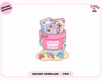 May include: A pink beach bucket filled with books, a small turtle, and a palm tree. The bucket has the words "Beach Read" on it. A blue shovel, seashells, and sand complete the beach scene. The image has the text "Instant Download | PNG".