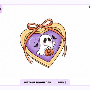 Halloween-Medaillon (PNG), trendiges, niedliches, ästhetisches Herbst-Halloween-Motiv mit gruseligen Geistern und gemütlicher Bibliothek (PNG) für Sticker, Lesezeichen und kommerzielle Nutzung