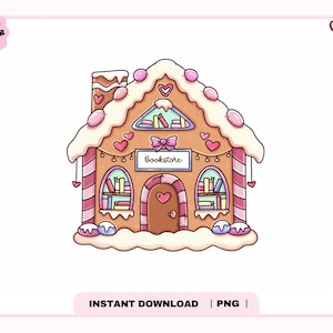 Puede incluir: Una ilustración de una casa de jengibre con estructura marrón, glaseado blanco, detalles en rosa y un letrero que dice Bookstore. El diseño incluye ventanas arqueadas llenas de libros coloridos, una puerta central y una chimenea con nieve.