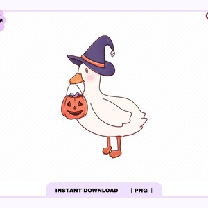 May include: A white duck illustration wearing a purple witch hat with an orange band and a small skull charm. The duck has orange feet and a beak, and is holding an orange jack-o'-lantern candy bucket filled with colorful candy pieces.