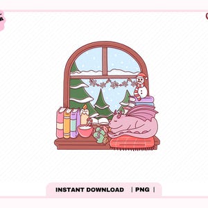 May include: A digital illustration of a pink dragon sleeping on a red cushion next to a stack of books, a candle, a mug, and a snowman. The scene is set in front of an arched window showing a snowy landscape with pine trees and snowflake garland.