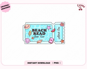 May include: A light blue ticket design with the words "BEACH READ Book Club" and beach-themed illustrations. The ticket includes a hat, ice cream, seashell, starfish, watermelon, and a book. The text "Admit One" is also present.