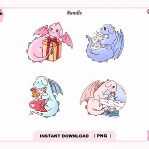 May include: A digital bundle of four illustrations featuring cartoon dragons. One pink dragon holds a gift, a blue dragon holds a snowflake, a light blue dragon holds a mug with a gingerbread man, and a pink dragon interacts with a snow globe.